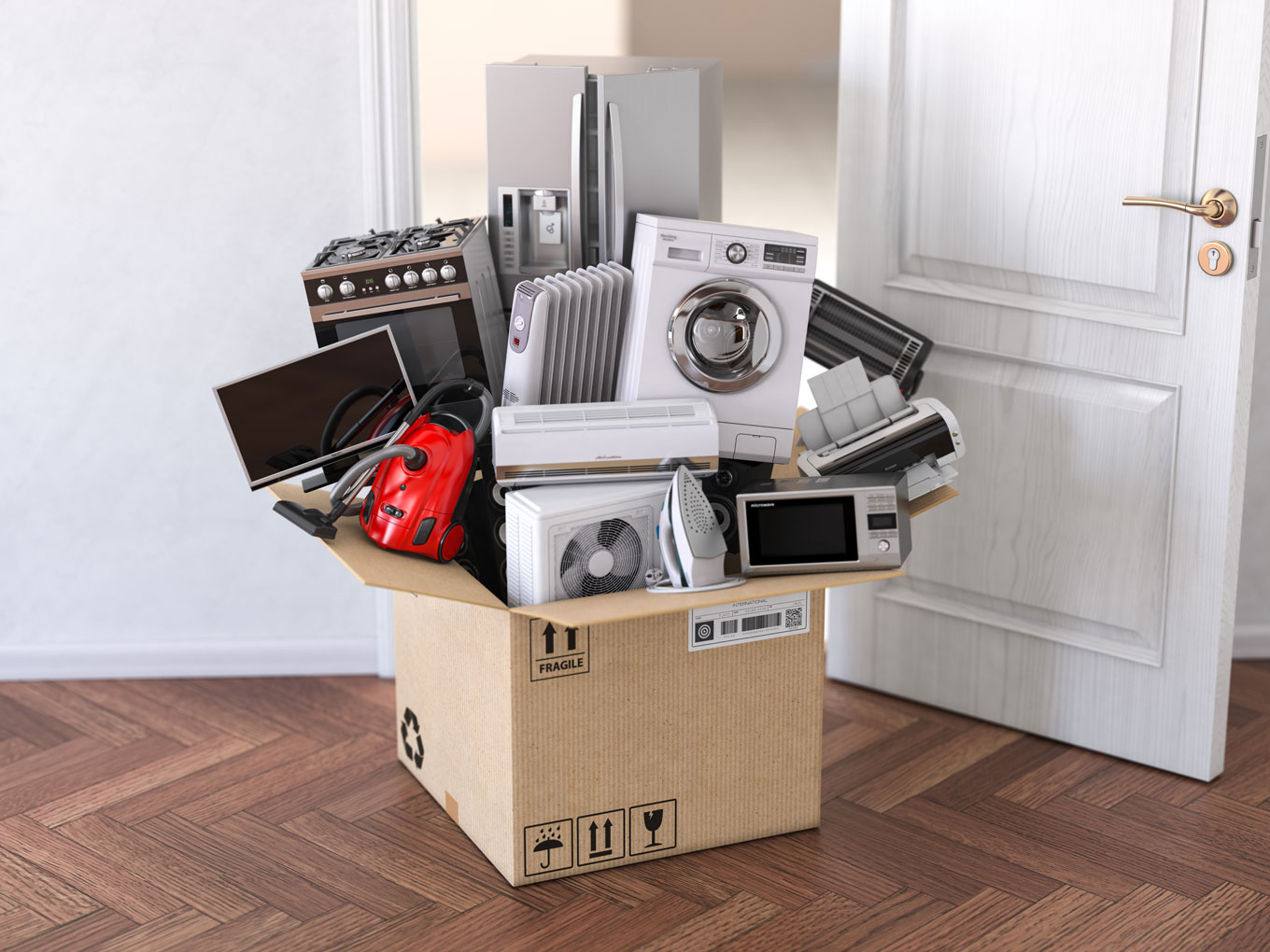 A box full of household appliances.